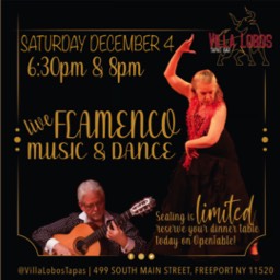 Flyer for Basilio Georges and Aurora Reyes performing at Villa. Lobos Tapas Bar Freeport NY, on 12/4/21 at 6:30 pm and 8:00 pm