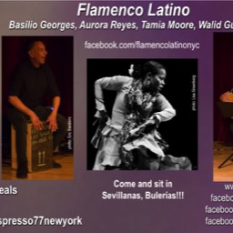 Flamenco Latino returns to Espresso 77 in Jackson Heights. Left Image Walid Guzman sitting on a cajón, playing facing right. Center image: Tamia Moore from right side holding flamenco dress with both arms, wearing pañuelo. Image is black and white. Dress is a solid light color. Right image Basilio Georges on left, upstage accompanying Aurora Reyes on flamenco guitar, wearing short sleeve black shirt with white polka dots and black pants. Aurora Reyes to his right, upstage, showing 3/4 left side to audience, right arm raised holding spread fan, right knee kicking long flamenco dress a small amount up in the air. Flamenco dress is bright red with 3 sets of ruffles on skirt, has matching red small manton on neck and chest, and a bright blue fan. Espresso 77, 35-57 77th Street, Jackson Hts NY 11372.