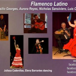 Aurora Reyes dances Guajiras con Guajeo in front of musicians. Aurora with fan amidst a turn, wearing black costume with red mantoncillo, with black fan, maroon border. Musicians Left to Right upstage Rex Benincasa modified cajon drum kit, Aron Caceres electric bass, Basilio Georges seated with guitar, singing, wearing bright blue Veracruz brimmed hat, Danny Rivera downstage left of Aurora standing playing baritone saxophone, facing right.