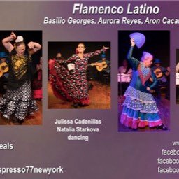 Aurora Reyes dances Guajiras con Guajeo in front of musicians. Aurora with fan amidst a turn, wearing black costume with red mantoncillo, with black fan, maroon border. Musicians Left to Right upstage  Aron Caceres electric bass, Basilio Georges seated with guitar, singing, wearing bright blue Veracruz brimmed hat.