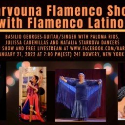 Flyer for Flamenco Latino performing at Karvouna Mezze Fri. Jan 21, 2022, 7 to 10 PM.