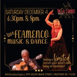 Flyer for Basilio Georges and Aurora Reyes performing at Villa. Lobos Tapas Bar Freeport NY, on 12/4/21 at 6:30 pm and 8:00 pm