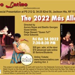 Flamenco Latino 2022 Más Allá Series Postcard. Left Image 4 dancers, one in front of the other, in a formation with arms out to left and right, using flamenco hand motion. Dancers dressed in costumes with variations of white and red polka dot trim on black backgrounds. Overlapping right corner of this image, cut out figure of Paige Stewart 