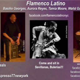 Flamenco Latino returns to Espresso 77 in Jackson Heights. Left Image Walid Guzman sitting on a cajón, playing facing right. Center image: Tamia Moore from right side holding flamenco dress with both arms, wearing pañuelo. Image is black and white. Dress is a solid light color. Right image Basilio Georges on left, upstage accompanying Aurora Reyes on flamenco guitar, wearing short sleeve black shirt with white polka dots and black pants. Aurora Reyes to his right, upstage, showing 3/4 left side to audience, right arm raised holding spread fan, right knee kicking long flamenco dress a small amount up in the air. Flamenco dress is bright red with 3 sets of ruffles on skirt, has matching red small manton on neck and chest, and a bright blue fan. Espresso 77, 35-57 77th Street, Jackson Hts NY 11372.